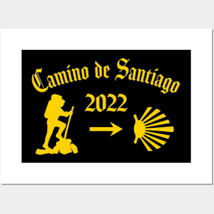 Camino de Santiago de Compostela male pilgrim 2022 with Yellow Arrow Scallop Shell Posters and Art